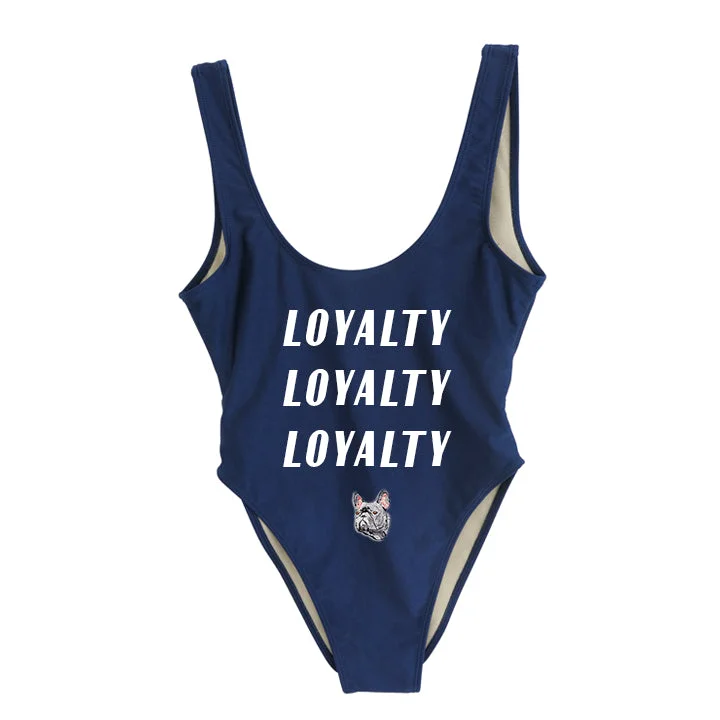 Women's Plaid Patterned One - Pieces in Red and Black for a Classic Fall LookLOYALTY LOYALTY LOYALTY [SWIMSUIT W/ FRENCH BULLDOG PATCH]