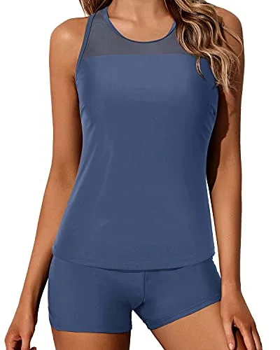Women's Metallic - Trimmed Swim Tops in Gold for a Glamorous Beach PartyTummy Control Tankini Boyshorts Swimwear Set For Women-Blue Women's Metallic - Trimmed Swim Tops in Gold for a Glamorous Beach PartyTummy Control Tankini Boyshorts Swimwear Set For Women-Blue