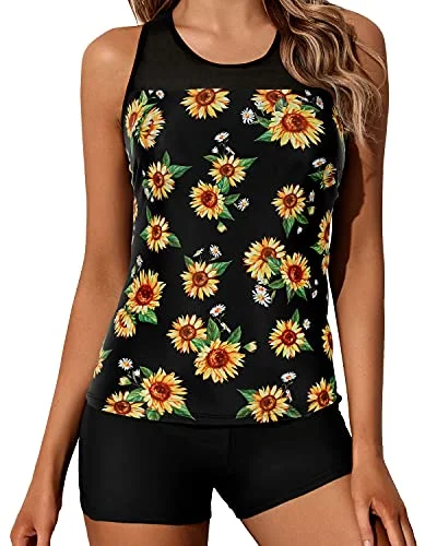 Plus Size Women's Floral - Embroidery Swim Tops in Cream for a Delicate and Elegant AppearanceFlattering Racerback Tankini Set Mid-Waist Swim Shorts-Black And Sunflower Plus Size Women's Floral - Embroidery Swim Tops in Cream for a Delicate and Elegant AppearanceFlattering Racerback Tankini Set Mid-Waist Swim Shorts-Black And Sunflower