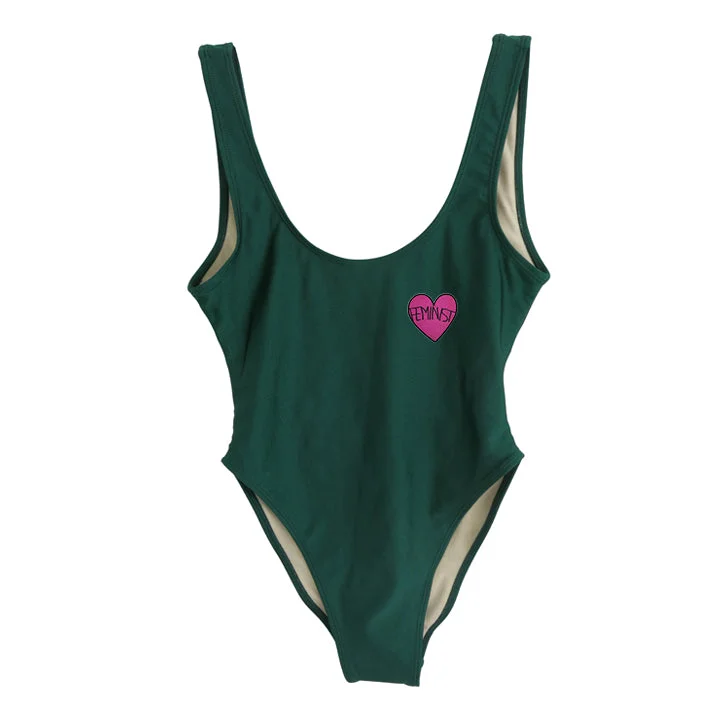 Women's Long - Length One - Pieces in Gray with Asymmetric Hem for a Contemporary and Fashionable LookFEMINIST HEART PATCH [SWIMSUIT]