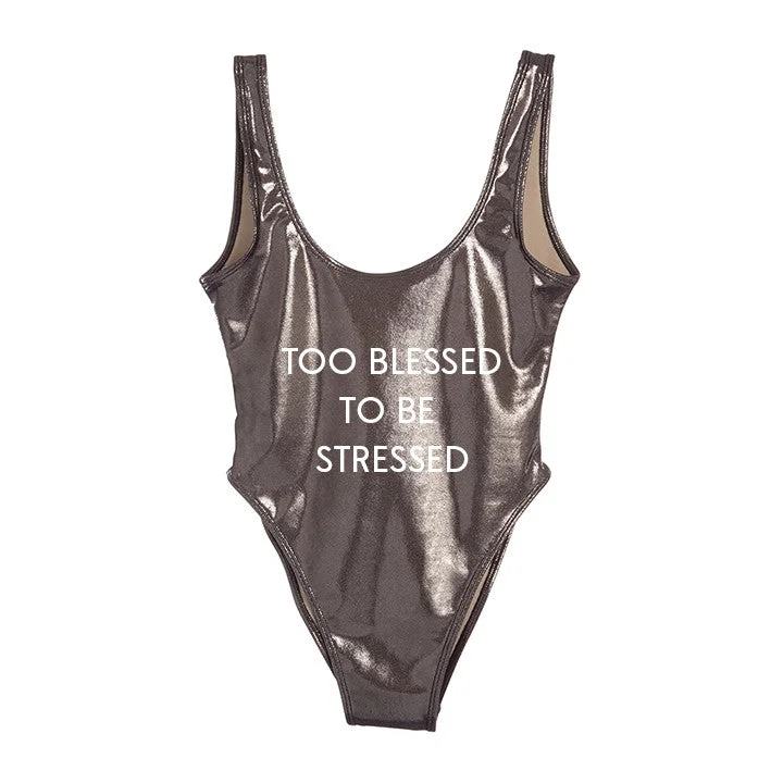Plus Size Women's Button - Down One - Pieces in Light Blue for a Casual and Comfortable Day OutTOO BLESSED TO BE STRESSED [METALLIC SWIMSUIT]