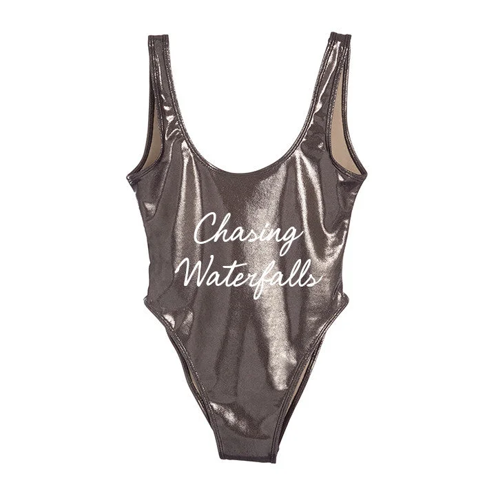 Plus Size Women's Wrap - Style One - Pieces in Burgundy with Belt for a Figure - Flattering OptionCHASING WATERFALLS [METALLIC SWIMSUIT]
