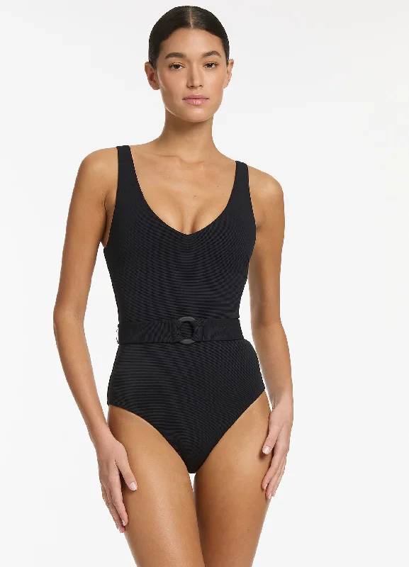 Women's Strapless One - Pieces in Royal Blue with Beaded Accents for a Formal EventIsla Rib V-Neckline Belted One Piece - Black Women's Strapless One - Pieces in Royal Blue with Beaded Accents for a Formal EventIsla Rib V-Neckline Belted One Piece - Black