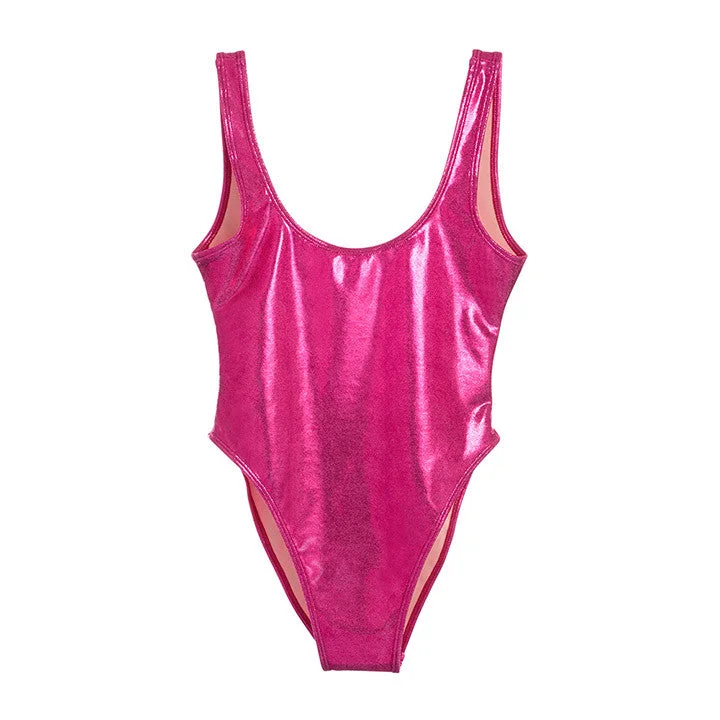 Plus Size Women's Button - Down One - Pieces in Light Blue for a Casual and Comfortable Day OutMETALLIC PINK [BLANK SWIMSUIT]