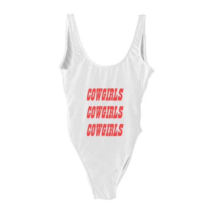 Women's Long - Length One - Pieces in Gray with Asymmetric Hem for a Contemporary and Fashionable LookCOWGIRLS COWGIRLS COWGIRLS [SWIMSUIT W/ RED TEXT]