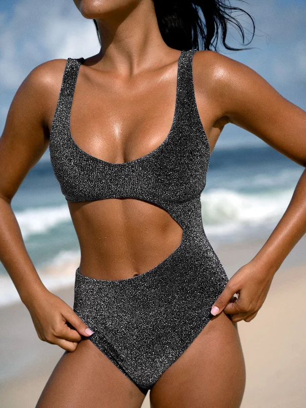 Plus Size Women's Button - Down One - Pieces in Light Blue for a Casual and Comfortable Day OutBlack Lurex Cut Out One-Piece Swimsuit Plus Size Women's Button - Down One - Pieces in Light Blue for a Casual and Comfortable Day OutBlack Lurex Cut Out One-Piece Swimsuit