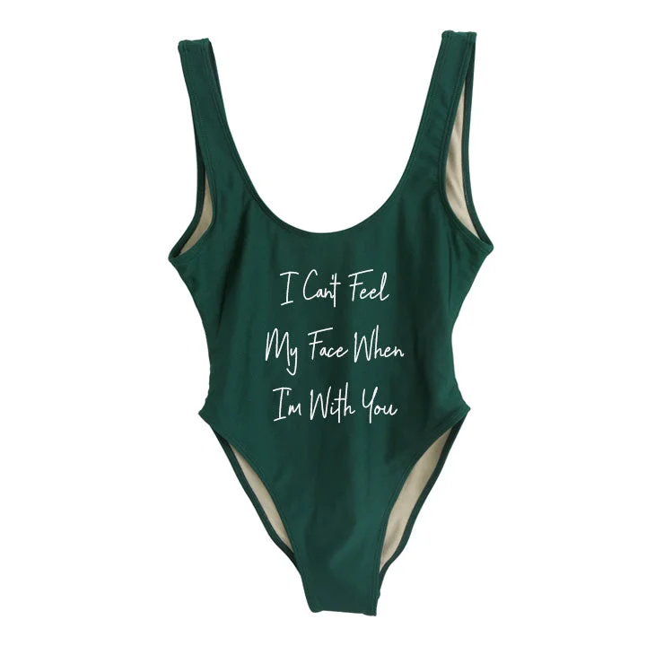 Plus Size Women's Striped One - Pieces in Navy and White for a Nautical - Inspired EnsembleI CAN'T FEEL MY FACE WHEN I'M WITH YOU [SWIMSUIT]