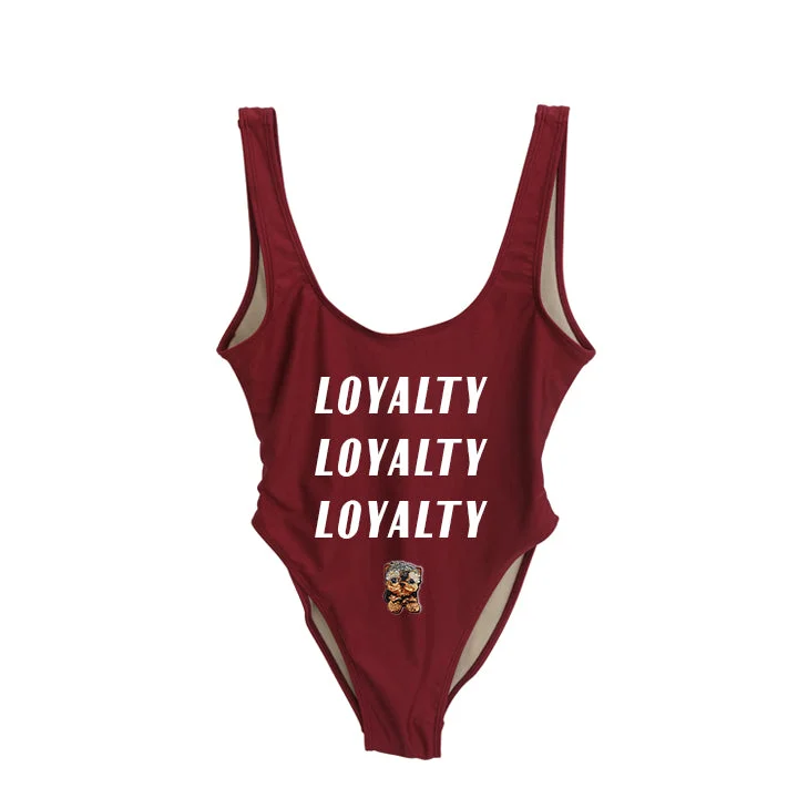Plus Size Women's Wrap - Style One - Pieces in Burgundy with Belt for a Figure - Flattering OptionLOYALTY LOYALTY LOYALTY [SWIMSUIT W/ YORKIE DOG PATCH]