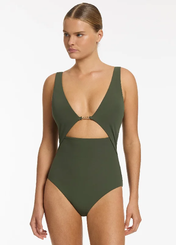Plus Size Women's Striped One - Pieces in Navy and White for a Nautical - Inspired EnsembleLien Plunge One Piece - Olive Plus Size Women's Striped One - Pieces in Navy and White for a Nautical - Inspired EnsembleLien Plunge One Piece - Olive