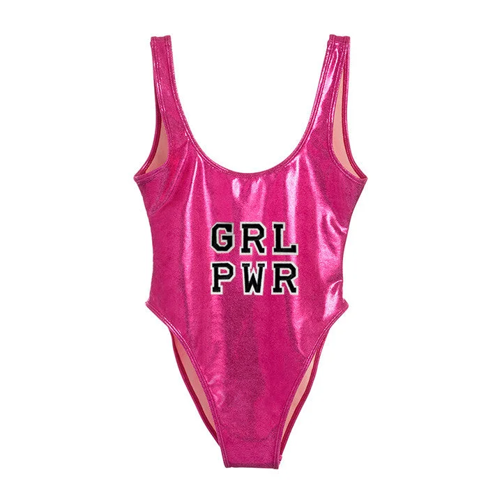 Women's Sequined Mini One - Pieces in Gold for a Glamorous New Year's Eve PartyGRL PWR [FELT LETTER PATCH METALLIC SWIMSUIT]