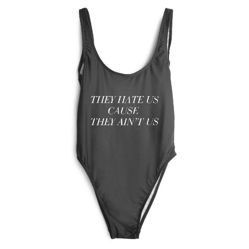 Plus Size Women's Ruffled Hem One - Pieces in Pink for a Feminine and Flirty Summer OutfitTHEY HATE US CAUSE THEY AIN'T US [SWIMSUIT]