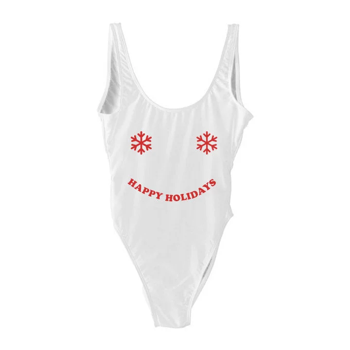 Women's Sheer Paneled One - Pieces in White for a Delicate and Elegant Evening AppearanceHAPPY HOLIDAYS  [SWIMSUIT]