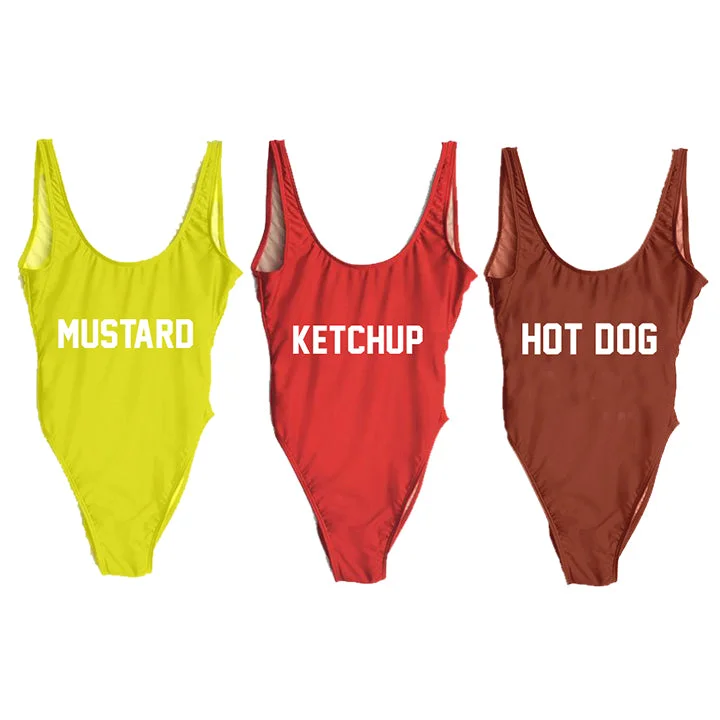 Women's Long - Length One - Pieces in Gray with Asymmetric Hem for a Contemporary and Fashionable LookKETCHUP, MUSTARD, & HOT DOG [3 PACK DISCOUNT SWIMSUITS]