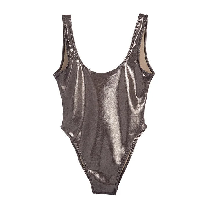 Women's Cut - Out One - Pieces in Black with Geometric Shapes for a Modern and Edgy StyleMETALLIC DARK SILVER [BLANK SWIMSUIT]