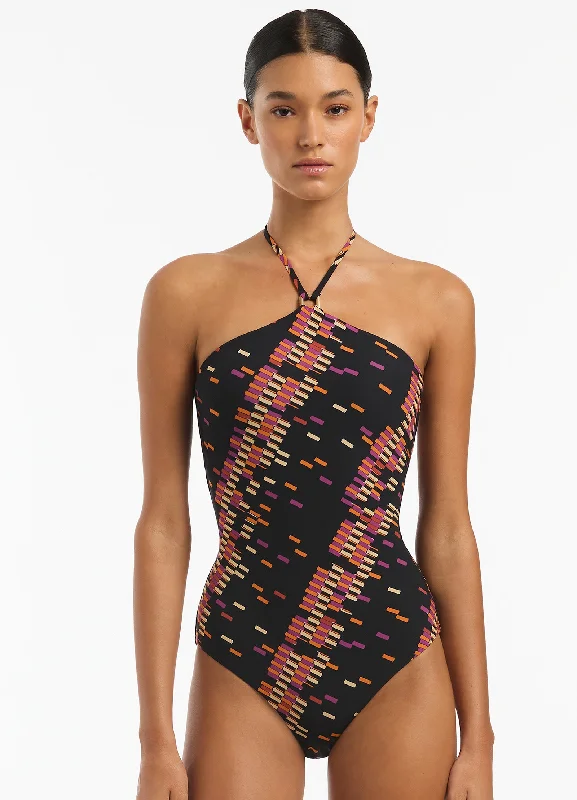 Women's Sleeveless One - Pieces in Yellow with Floral Appliques for a Cheerful and Spring - Like LookLumiere High Neck Trim One Piece - Black Women's Sleeveless One - Pieces in Yellow with Floral Appliques for a Cheerful and Spring - Like LookLumiere High Neck Trim One Piece - Black