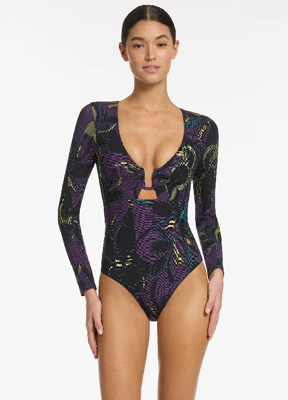 Women's Strapless One - Pieces in Royal Blue with Beaded Accents for a Formal EventMidnight Tropical Cut Out Surfsuit - Amethyst Women's Strapless One - Pieces in Royal Blue with Beaded Accents for a Formal EventMidnight Tropical Cut Out Surfsuit - Amethyst