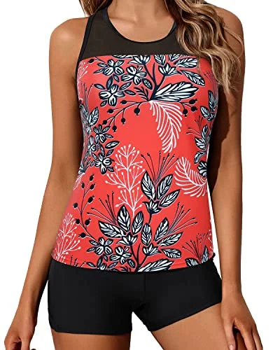 Women's Cut - Out Swim Tops in White with Geometric Shapes for an Edgy Beach StyleRacerback Tank Top And Boy Shorts Two Piece Bathing Suit For Women-Red Floral Women's Cut - Out Swim Tops in White with Geometric Shapes for an Edgy Beach StyleRacerback Tank Top And Boy Shorts Two Piece Bathing Suit For Women-Red Floral