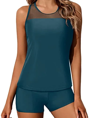 Plus Size Women's Ruffled Bikini Tops in Floral Print for a Feminine Beach LookMesh Shoulder And Racerback Athletic Racerback Tankini Swimsuits-Teal Plus Size Women's Ruffled Bikini Tops in Floral Print for a Feminine Beach LookMesh Shoulder And Racerback Athletic Racerback Tankini Swimsuits-Teal