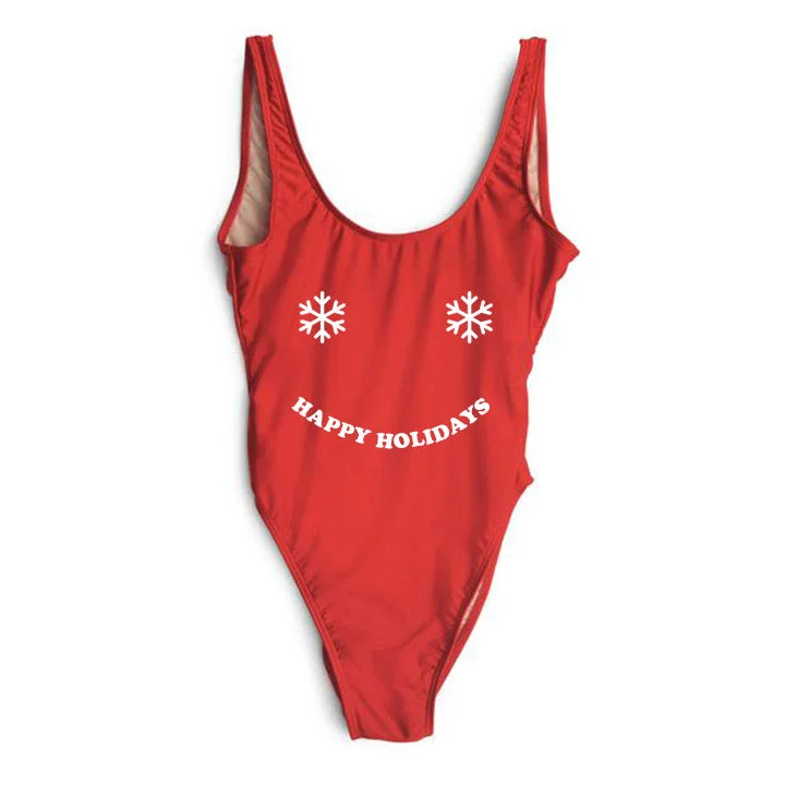 Plus Size Women's Wrap - Style One - Pieces in Burgundy with Belt for a Figure - Flattering OptionHAPPY HOLIDAYS  [SWIMSUIT]