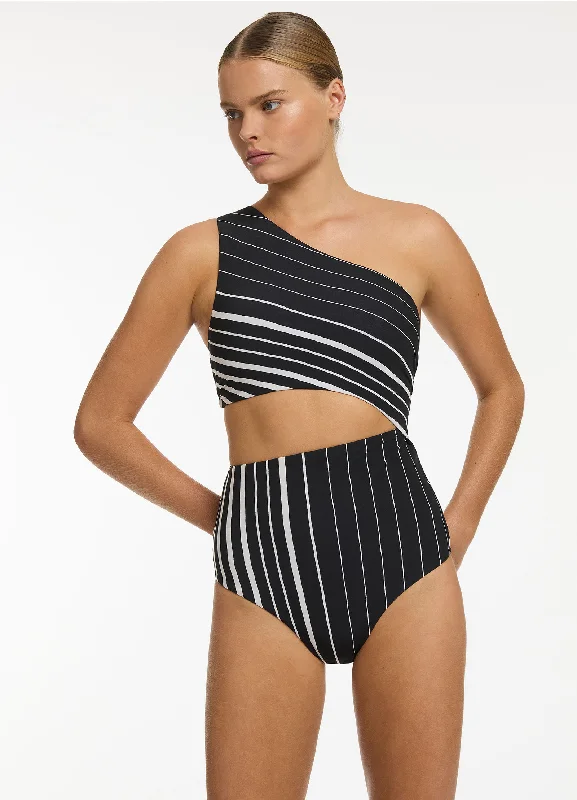 Women's Sequined Mini One - Pieces in Gold for a Glamorous New Year's Eve PartyLunar Stripe One Shoulder Cut Out One Piece - Black/Chalk Women's Sequined Mini One - Pieces in Gold for a Glamorous New Year's Eve PartyLunar Stripe One Shoulder Cut Out One Piece - Black/Chalk