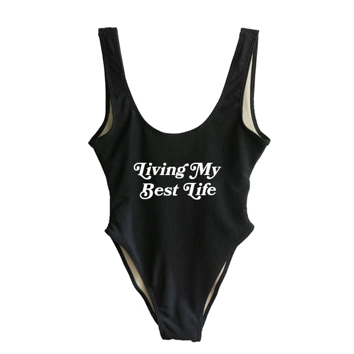 Plus Size Women's Striped One - Pieces in Navy and White for a Nautical - Inspired EnsembleLIVING MY BEST LIFE [SWIMSUIT]