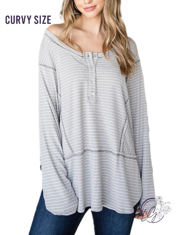 Cropped Women Long Sleeve Top to Pair with High - Waisted BottomsCurvy The Finest Striped Henley Top Cropped Women Long Sleeve Top to Pair with High - Waisted BottomsCurvy The Finest Striped Henley Top