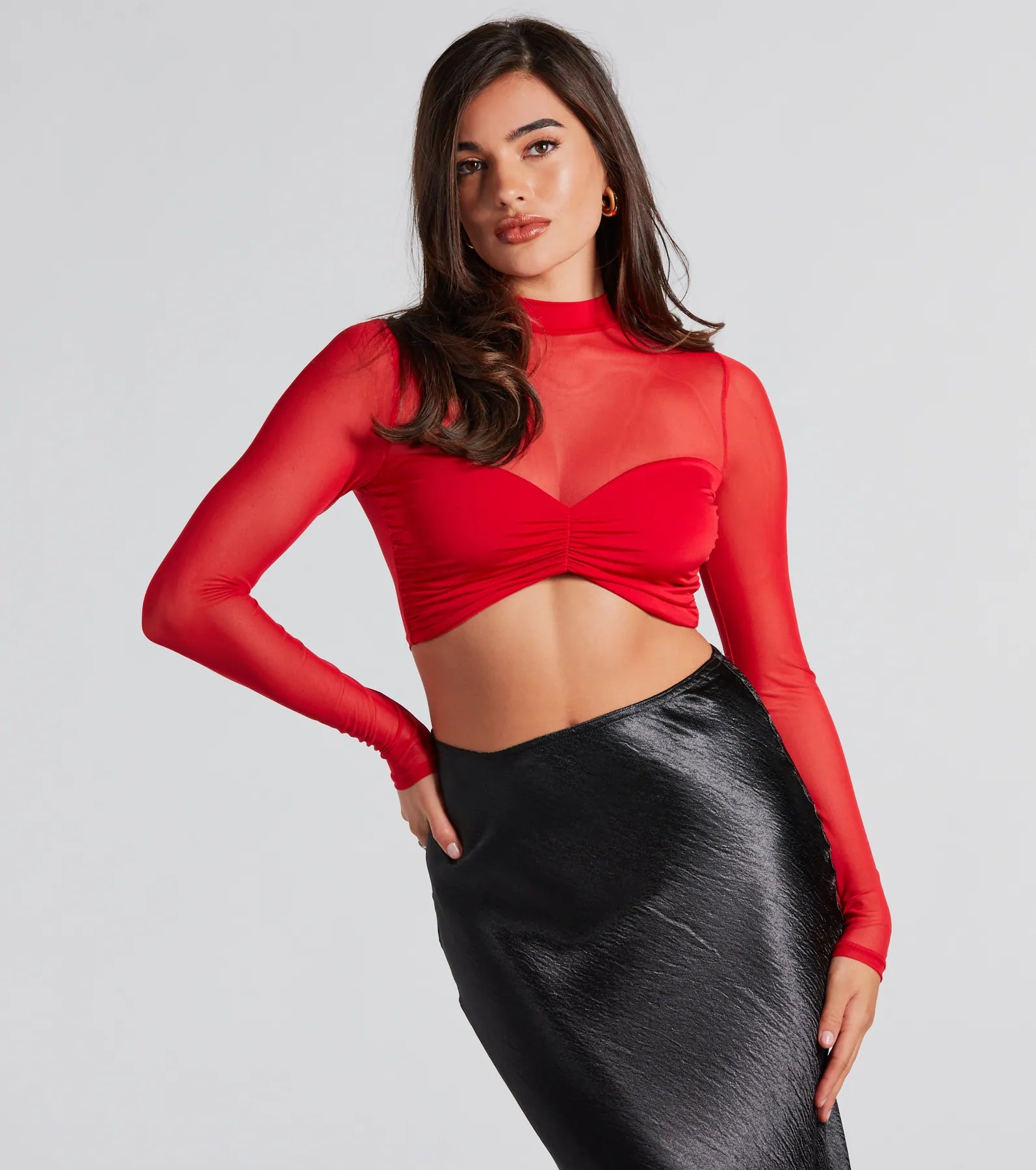 Lace - Trimmed Women Long Sleeve Top for an Elegant LookSultry And Sheer Mesh Long Sleeve Crop Top Lace - Trimmed Women Long Sleeve Top for an Elegant LookSultry And Sheer Mesh Long Sleeve Crop Top