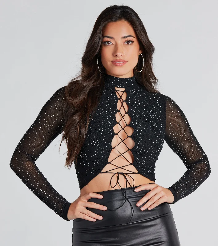 Lace - Trimmed Women Long Sleeve Top for an Elegant LookVamped Up Rhinestone Lace-Up Crop Top Lace - Trimmed Women Long Sleeve Top for an Elegant LookVamped Up Rhinestone Lace-Up Crop Top