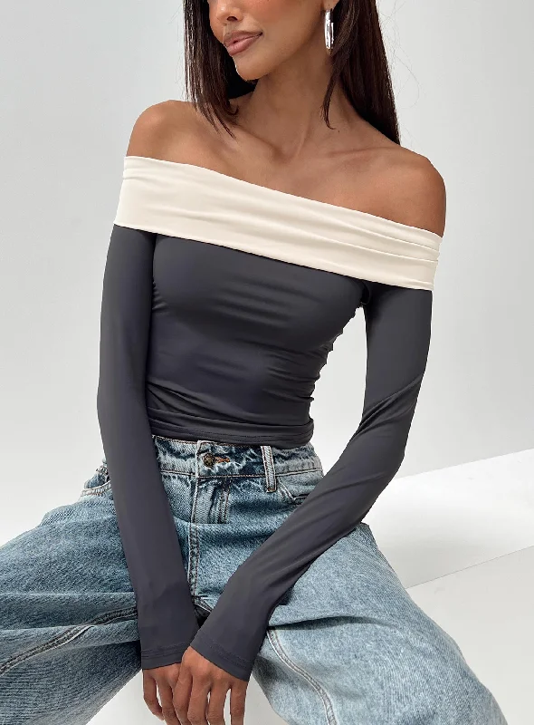 Mock Neck Women Long Sleeve Top for a Modern AestheticMachado Off The Shoulder Top Slate / Beige Mock Neck Women Long Sleeve Top for a Modern AestheticMachado Off The Shoulder Top Slate / Beige