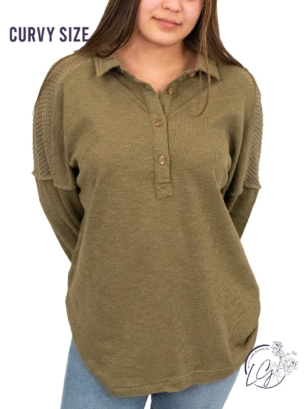 Ruffled Cuff Women Long Sleeve Top with a Feminine TouchCurvy Effortless Everyday Button-Down Henley Ruffled Cuff Women Long Sleeve Top with a Feminine TouchCurvy Effortless Everyday Button-Down Henley