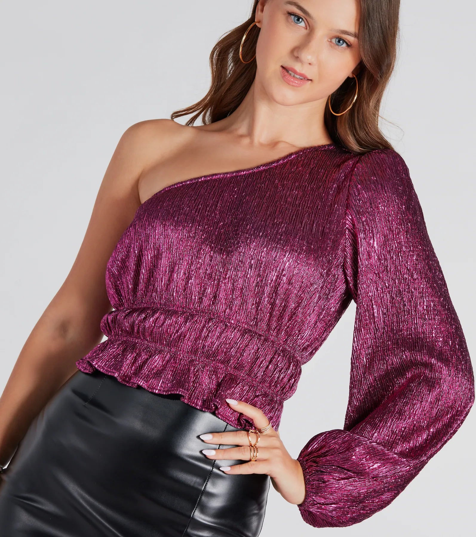 Plus Size Women Long Sleeve Top for a Flattering and Comfortable FitLuxurious Shimmer Metallic One-Shoulder Top Plus Size Women Long Sleeve Top for a Flattering and Comfortable FitLuxurious Shimmer Metallic One-Shoulder Top