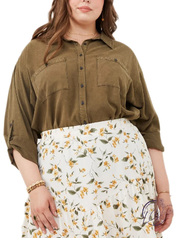 Floral Printed Women Long Sleeve Top for a Romantic LookCurvy Faded Fern Button-Up Tencel Floral Printed Women Long Sleeve Top for a Romantic LookCurvy Faded Fern Button-Up Tencel