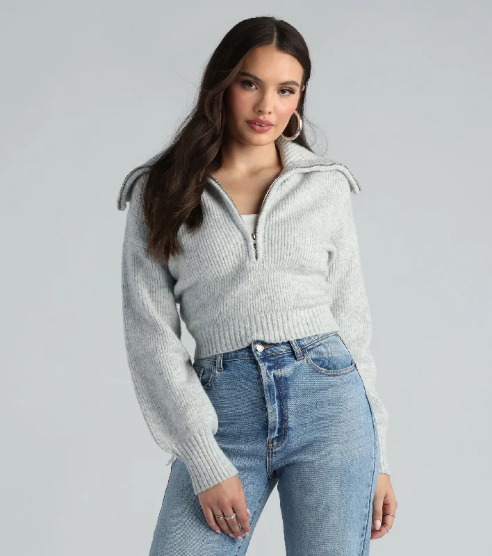 Mock Neck Women Long Sleeve Top for a Modern AestheticGive Me Cozy Half-Zip Fuzzy Knit Crop Sweater Mock Neck Women Long Sleeve Top for a Modern AestheticGive Me Cozy Half-Zip Fuzzy Knit Crop Sweater
