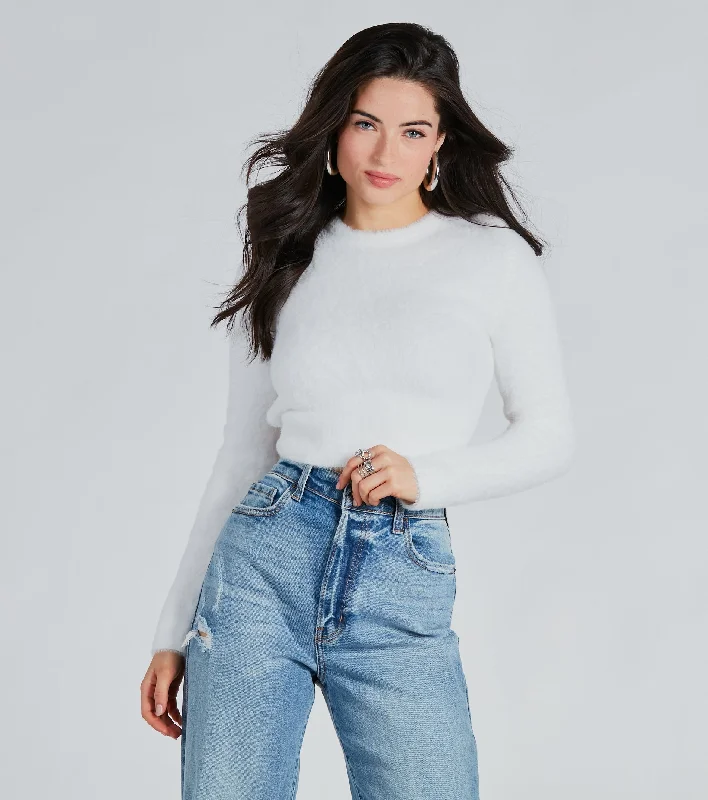 Organic Cotton Women Long Sleeve Top for Eco - Friendly ComfortCozy Charm Eyelash Knit Cropped Sweater Organic Cotton Women Long Sleeve Top for Eco - Friendly ComfortCozy Charm Eyelash Knit Cropped Sweater