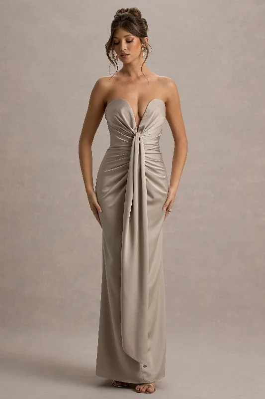 Halter - neck wedding dresses with a unique neckline Bow - backed wedding guest dresses in silk for a luxurious feel Mackenzie | Champagne Satin Plunge-Neck Draped Maxi Dress Halter - neck wedding dresses with a unique neckline Bow - backed wedding guest dresses in silk for a luxurious feel Mackenzie | Champagne Satin Plunge-Neck Draped Maxi Dress