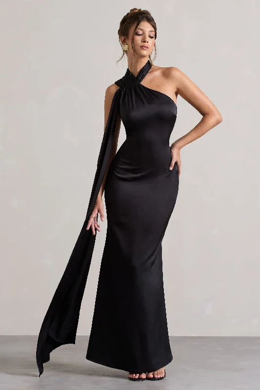 Halter - neck wedding dresses with a unique neckline Bow - backed wedding guest dresses in silk for a luxurious feel Sancia | Black Satin Asymmetric Maxi Dress With Sash Halter - neck wedding dresses with a unique neckline Bow - backed wedding guest dresses in silk for a luxurious feel Sancia | Black Satin Asymmetric Maxi Dress With Sash