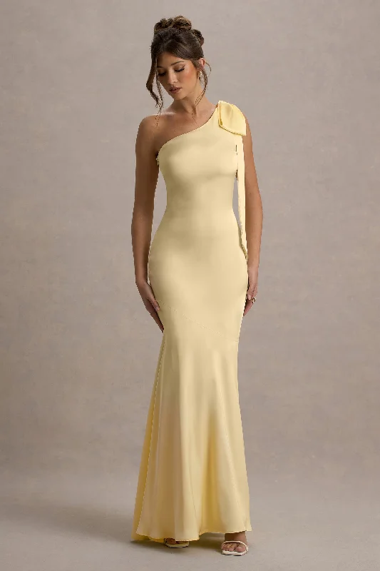 A - line wedding dresses with a beaded neckline Wedding guest dresses with belted waists and knee - length skirts Here For Love | Lemon Satin Asymmetric Maxi Dress With Bow A - line wedding dresses with a beaded neckline Wedding guest dresses with belted waists and knee - length skirts Here For Love | Lemon Satin Asymmetric Maxi Dress With Bow