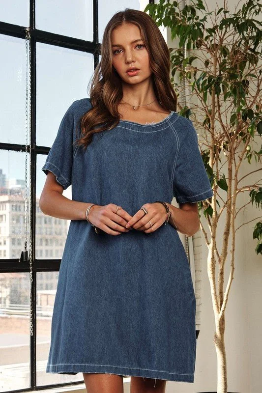 Mini dresses with belted waists for a defined silhouette Raw Hem Mini Denim Dress with Pockets Mini dresses with belted waists for a defined silhouette Raw Hem Mini Denim Dress with Pockets