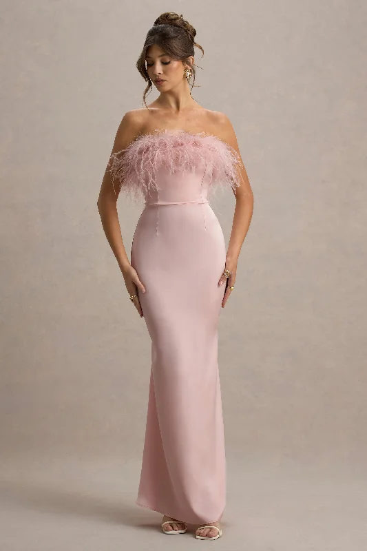 A - line wedding dresses with a beaded neckline Wedding guest dresses with belted waists and knee - length skirts Dress For It | Pale Pink Satin Feather Trim Bandeau Maxi Dress A - line wedding dresses with a beaded neckline Wedding guest dresses with belted waists and knee - length skirts Dress For It | Pale Pink Satin Feather Trim Bandeau Maxi Dress