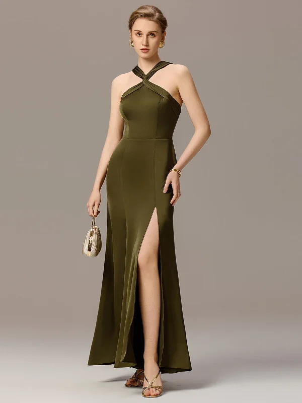 Wedding dresses with a dropped waist for a retro style Animal - print wedding guest dresses in subtle colors for a bold statement Satin Cross Halter Sleeveless Maxi Bridesmaid Dress Wedding dresses with a dropped waist for a retro style Animal - print wedding guest dresses in subtle colors for a bold statement Satin Cross Halter Sleeveless Maxi Bridesmaid Dress