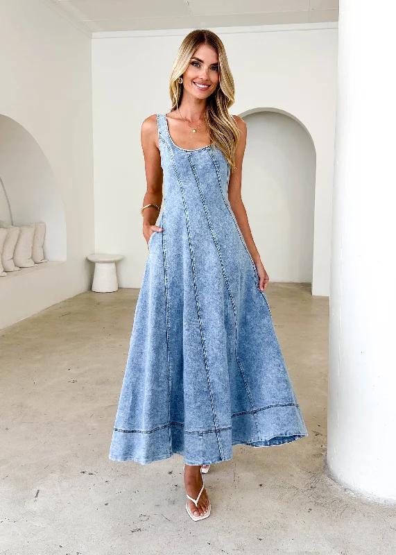 Midi dresses with asymmetric hems for a fashion - forward and dynamic appearance Yasmin Denim Midi Dress - Washed Blue Midi dresses with asymmetric hems for a fashion - forward and dynamic appearance Yasmin Denim Midi Dress - Washed Blue