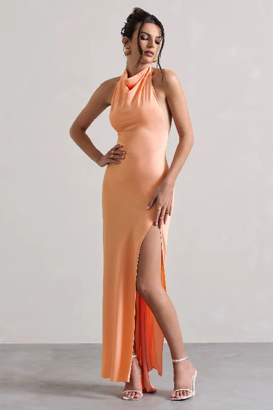 Short - length wedding dresses with a flirty skirt Sleeveless wedding guest dresses with ruffled hems Priero | Peach Cowl Halter-Neck Open Back Maxi Dress Short - length wedding dresses with a flirty skirt Sleeveless wedding guest dresses with ruffled hems Priero | Peach Cowl Halter-Neck Open Back Maxi Dress