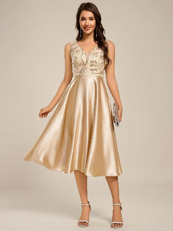 Off - the - shoulder wedding dresses with ruffled sleeves Strapless wedding guest dresses with rhinestone - studded bodices ever DELYN|Sleeveles A-Line Midi Satin Wedding Guest Dress with Pockets Off - the - shoulder wedding dresses with ruffled sleeves Strapless wedding guest dresses with rhinestone - studded bodices ever DELYN|Sleeveles A-Line Midi Satin Wedding Guest Dress with Pockets