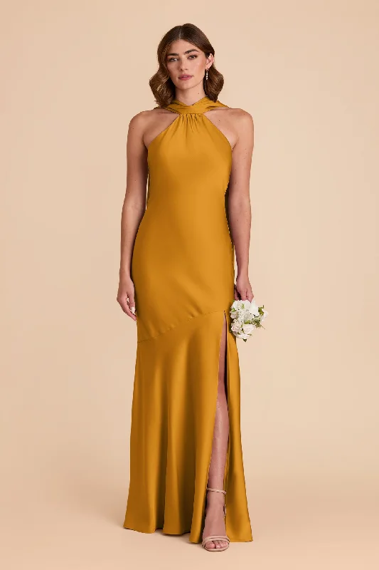 Maternity dress for a baby's first visit to the beach Eileen Matte Satin Dress - Butterscotch Maternity dress for a baby's first visit to the beach Eileen Matte Satin Dress - Butterscotch