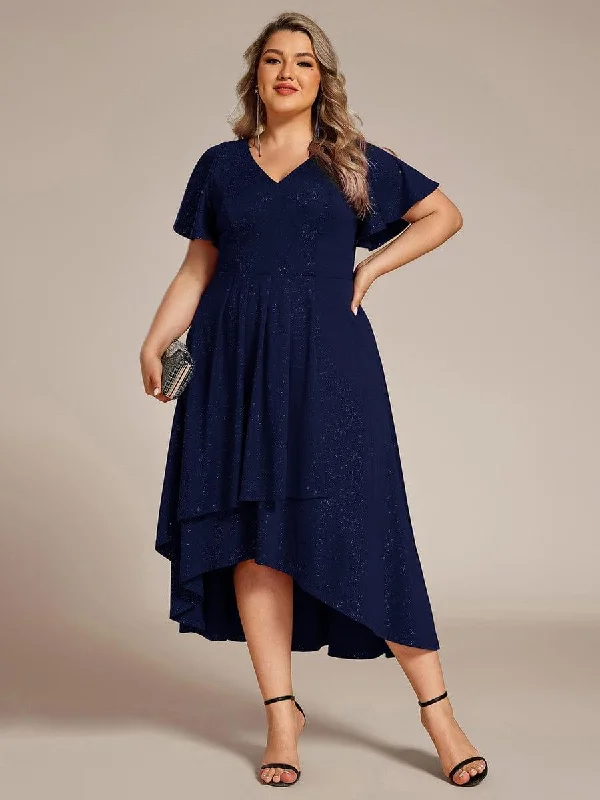Trumpet - style wedding dresses with a train Long - sleeved wedding guest dresses in velvet for a winter wedding Glow Lana | Plus Size Ruffled Sleeves Glitery V-Neck Midi Wedding Guest Dress Trumpet - style wedding dresses with a train Long - sleeved wedding guest dresses in velvet for a winter wedding Glow Lana | Plus Size Ruffled Sleeves Glitery V-Neck Midi Wedding Guest Dress