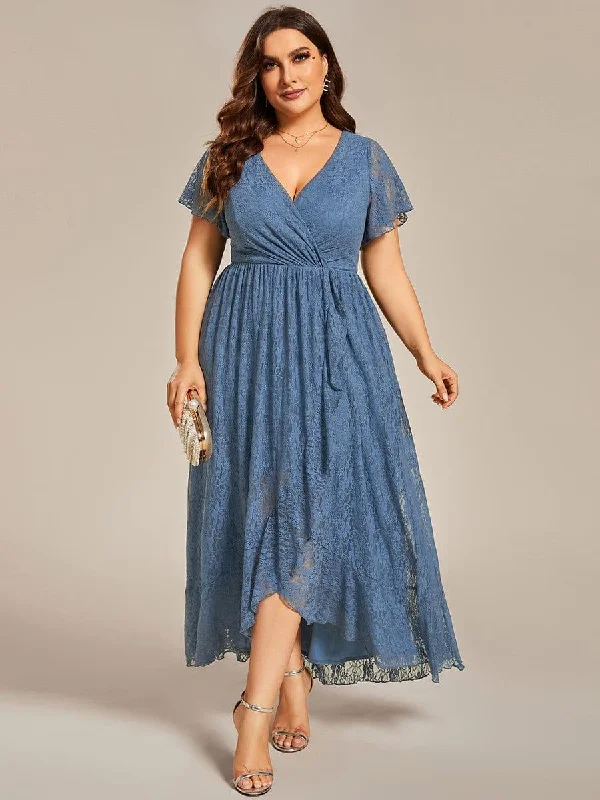 Wedding dresses with a dropped waist for a retro style Animal - print wedding guest dresses in subtle colors for a bold statement pretty ELISE|Plus Size Short Sleeve Ruffled V-Neck A-Line Lace Wedding Guest Dress Wedding dresses with a dropped waist for a retro style Animal - print wedding guest dresses in subtle colors for a bold statement pretty ELISE|Plus Size Short Sleeve Ruffled V-Neck A-Line Lace Wedding Guest Dress
