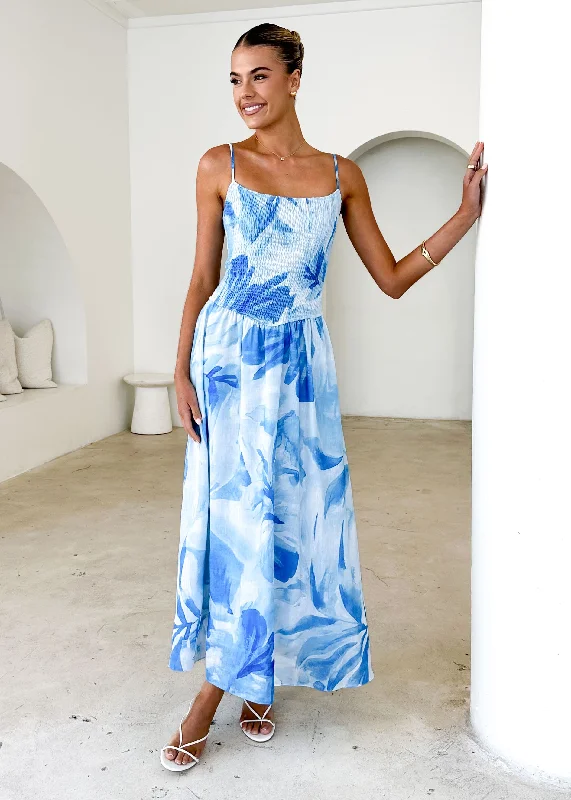 Midi dresses with belted waists to accentuate the figure Teegan Midi Dress - Blue Abstract Midi dresses with belted waists to accentuate the figure Teegan Midi Dress - Blue Abstract