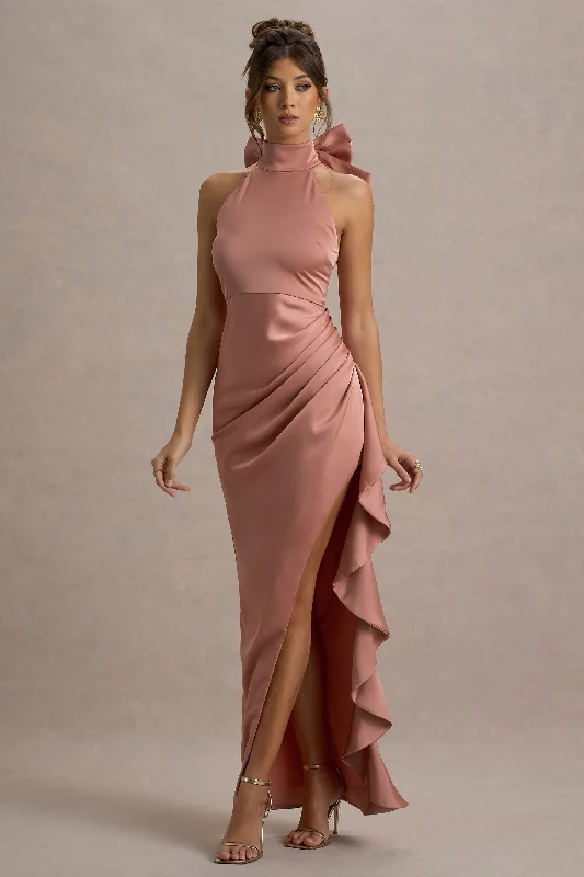 Wedding dresses with a mermaid - style skirt and a ball gown overlay Wedding guest dresses with puff sleeves and knee - length hems Maureen | Pink Satin High-Neck Draped Maxi Dress Wedding dresses with a mermaid - style skirt and a ball gown overlay Wedding guest dresses with puff sleeves and knee - length hems Maureen | Pink Satin High-Neck Draped Maxi Dress