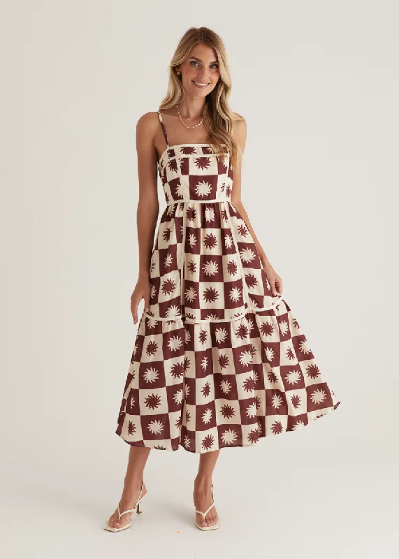 Midi dresses with gathered skirts for a full and flowing silhouette Valencia Midi Dress - Brown Abstract