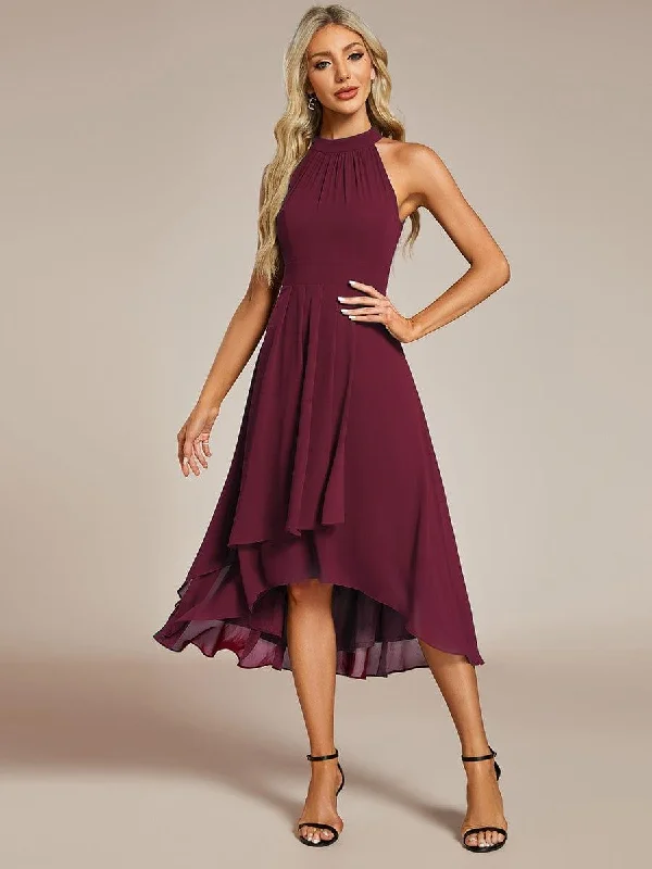 Long - sleeved lace wedding dresses for a modest style​ Sequined wedding guest dresses for an evening wedding ever POSIE|Midi Halter Neck Chiffon Wedding Guest Dress with Sleeveless and A-Line